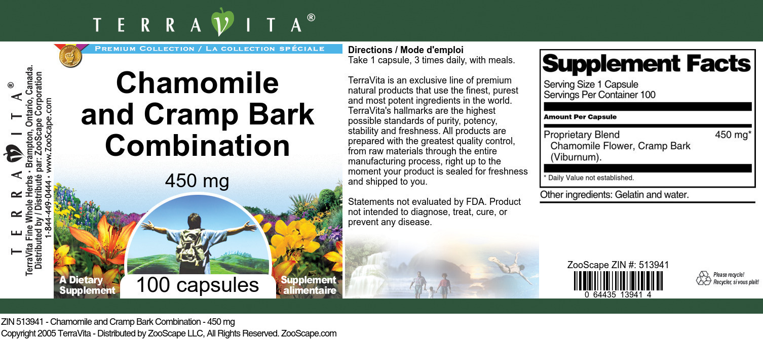 Chamomile and Cramp Bark Combination - 450 mg - Label