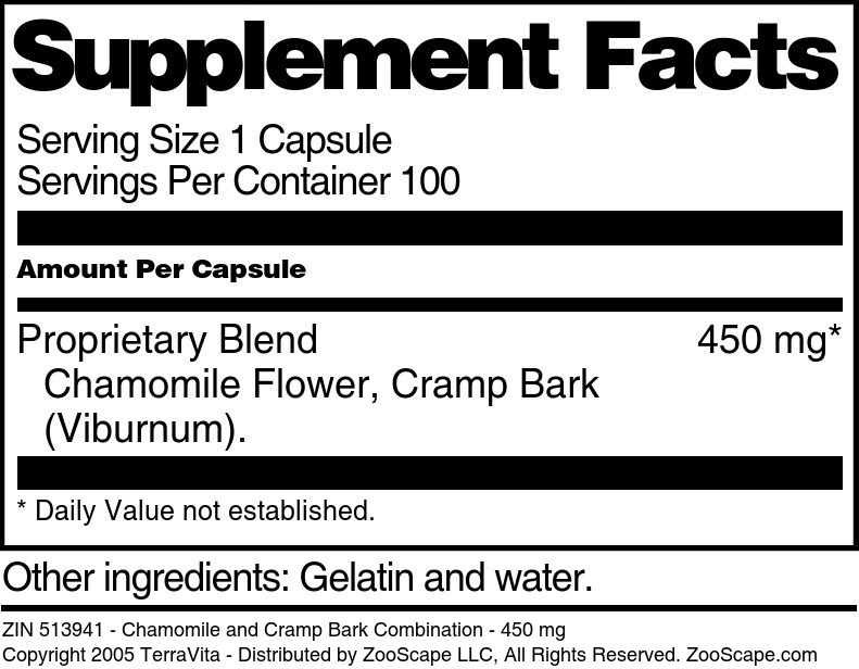 Chamomile and Cramp Bark Combination - 450 mg - Supplement / Nutrition Facts