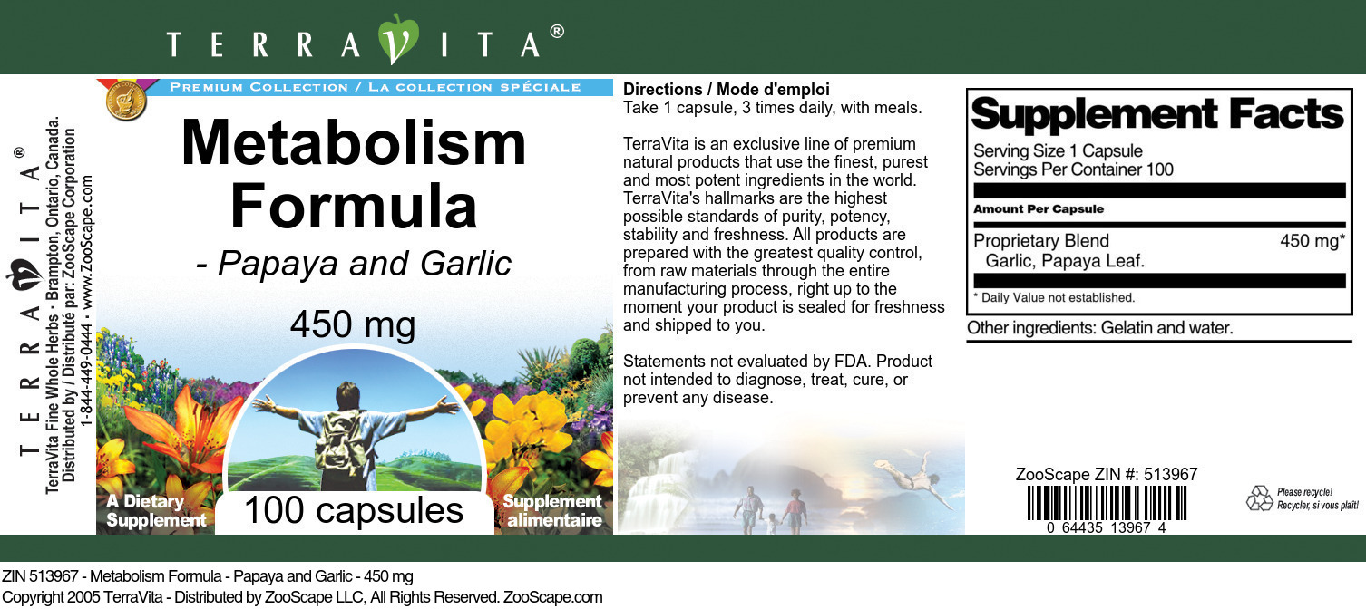 Metabolism Formula - Papaya and Garlic - 450 mg - Label