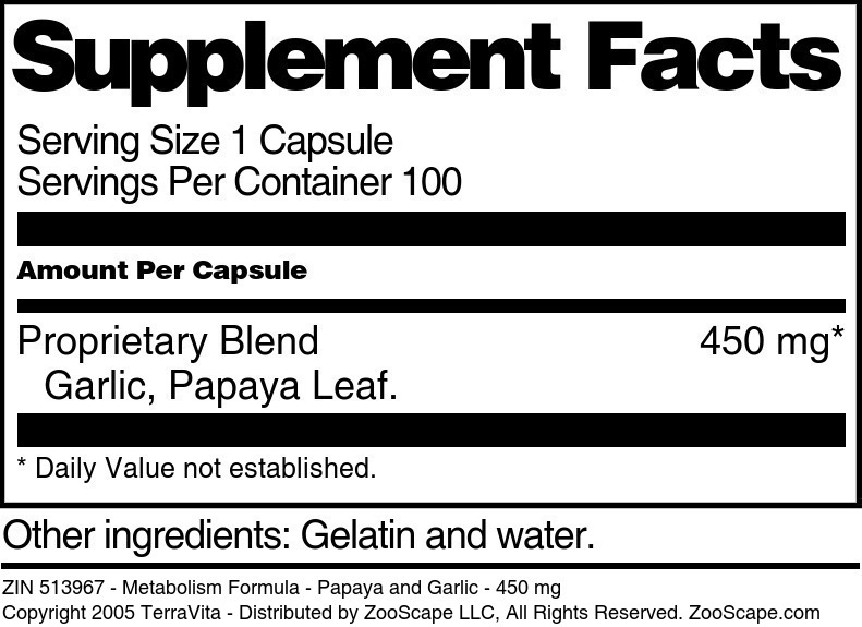 Metabolism Formula - Papaya and Garlic - 450 mg - Supplement / Nutrition Facts