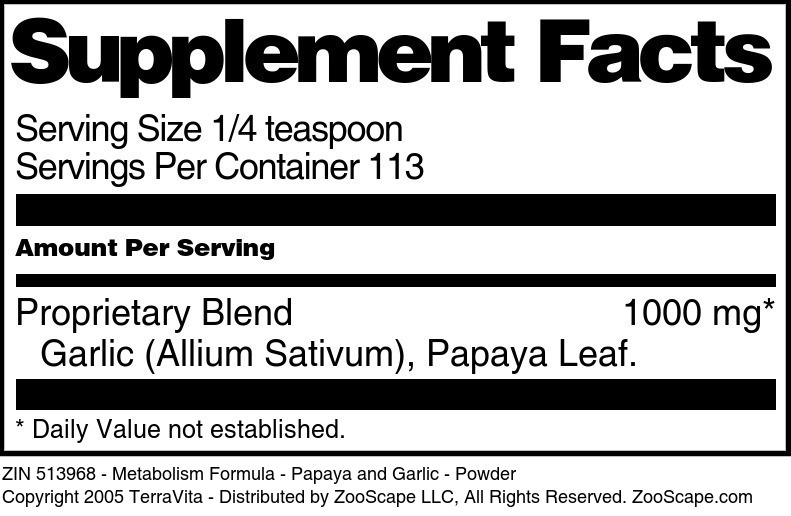 Metabolism Formula - Papaya and Garlic - Powder - Supplement / Nutrition Facts