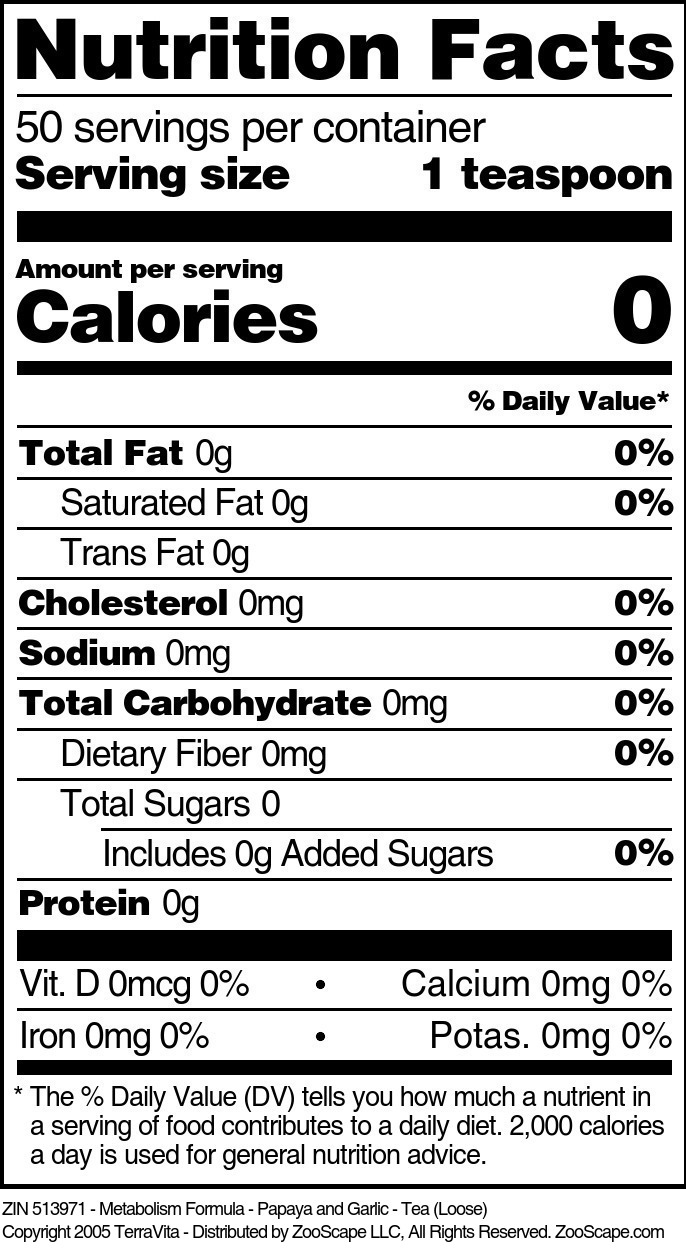 Metabolism Formula - Papaya and Garlic - Tea (Loose) - Supplement / Nutrition Facts