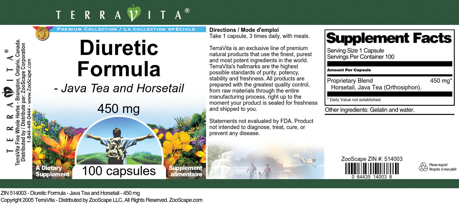 Diuretic Formula - Java Tea and Horsetail - 450 mg - Label