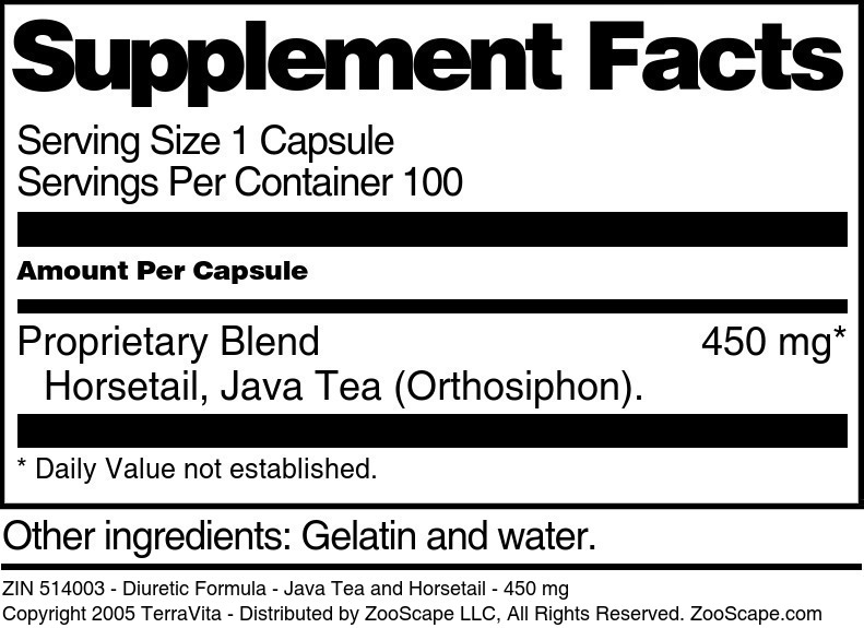 Diuretic Formula - Java Tea and Horsetail - 450 mg - Supplement / Nutrition Facts