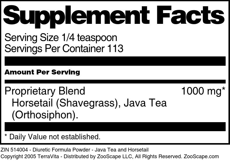 Diuretic Formula Powder - Java Tea and Horsetail - Supplement / Nutrition Facts