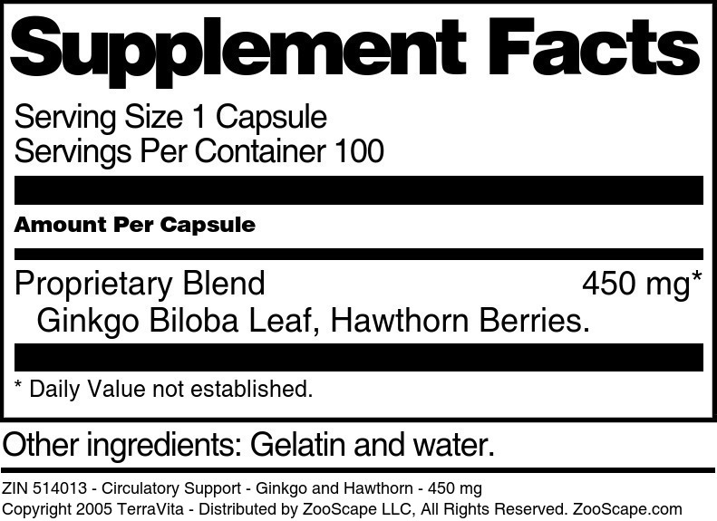 Circulatory Support - Ginkgo and Hawthorn - 450 mg - Supplement / Nutrition Facts