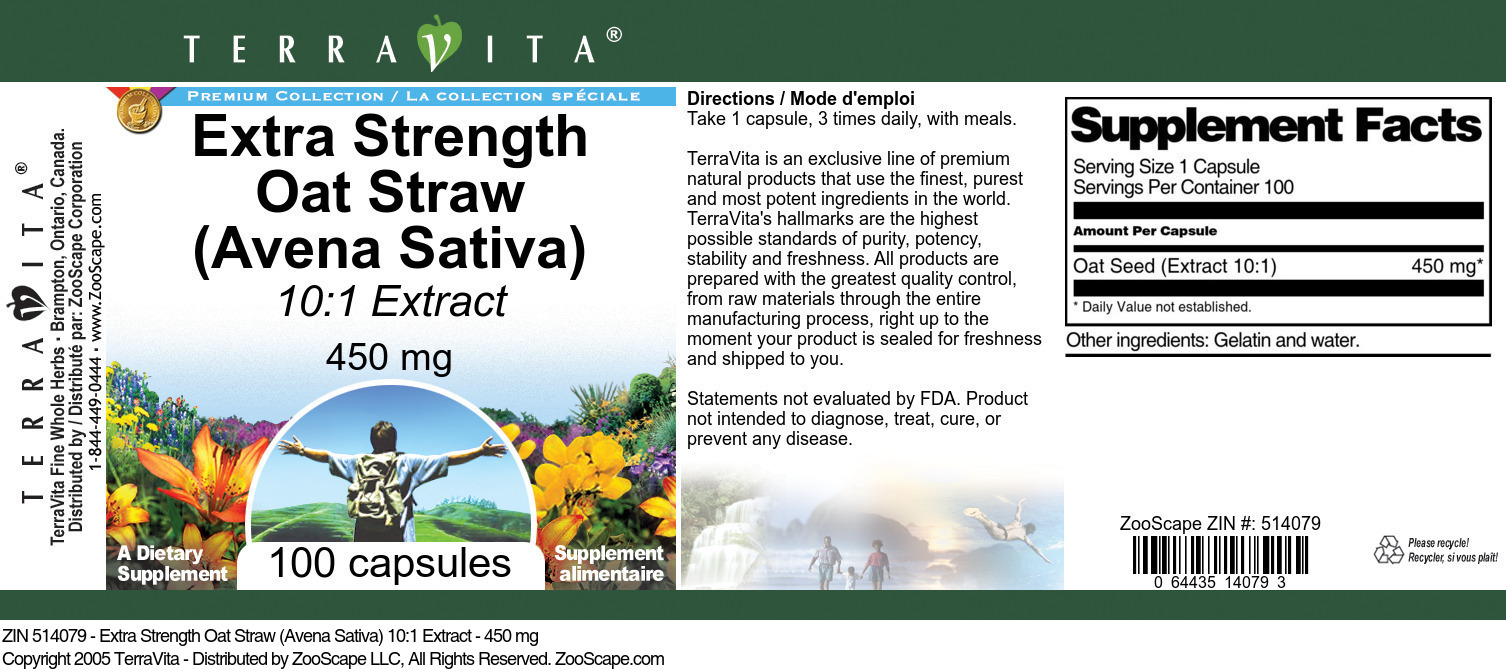 Extra Strength Oat Straw (Avena Sativa) 10:1 Extract - 450 mg - Label