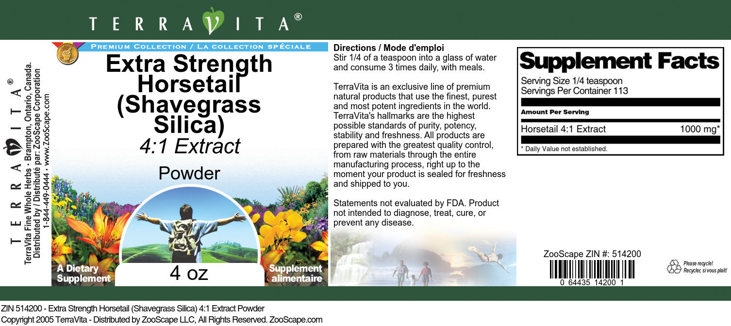 Extra Strength Horsetail (Shavegrass Silica) 4:1 Extract Powder - Label