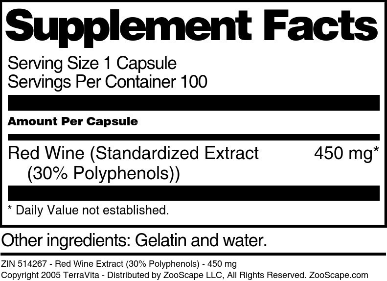 Red Wine Extract (30% Polyphenols) - 450 mg - Supplement / Nutrition Facts