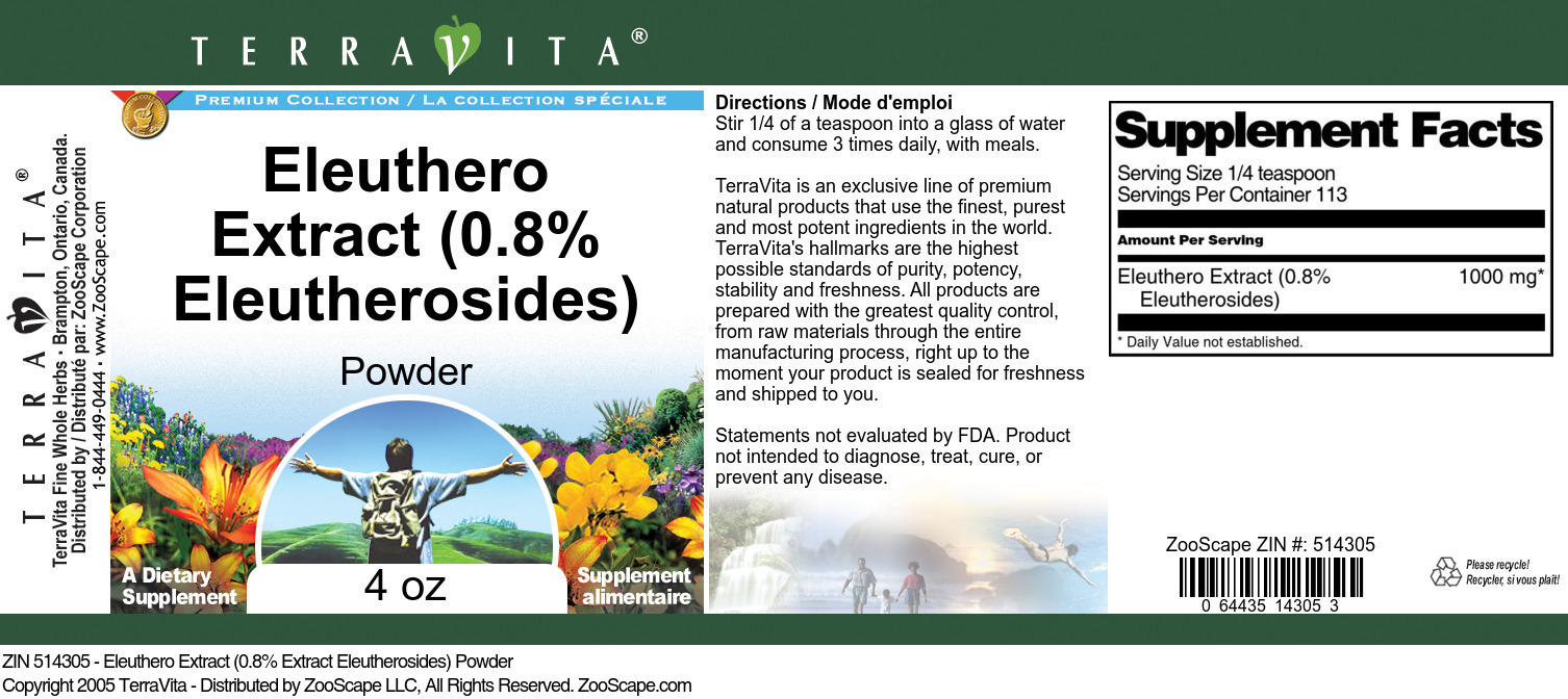 Eleuthero Extract (0.8% Eleutherosides) Powder - Label