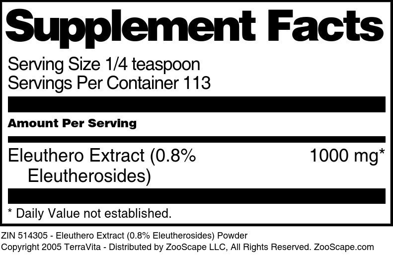 Eleuthero Extract (0.8% Eleutherosides) Powder - Supplement / Nutrition Facts