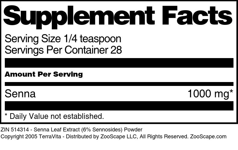 Senna Leaf Extract (6% Sennosides) Powder - Supplement / Nutrition Facts