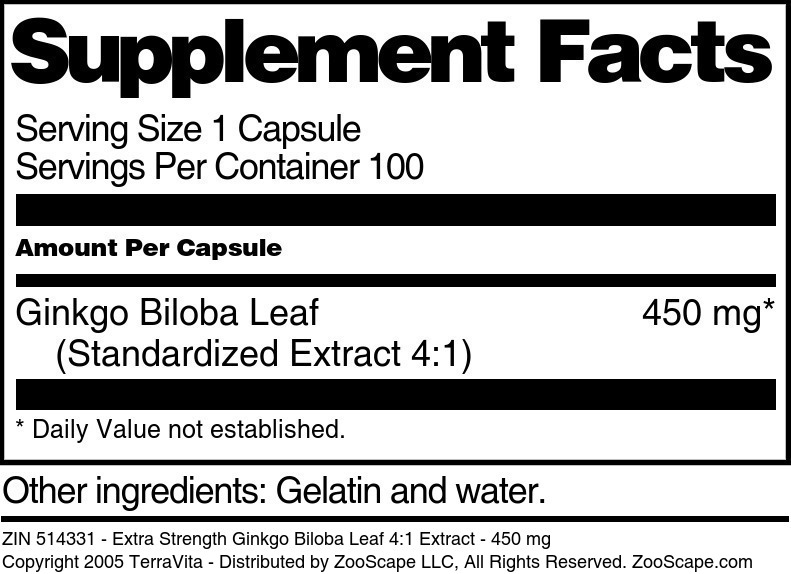 Extra Strength Ginkgo Biloba Leaf 4:1 Extract - 450 mg - Supplement / Nutrition Facts