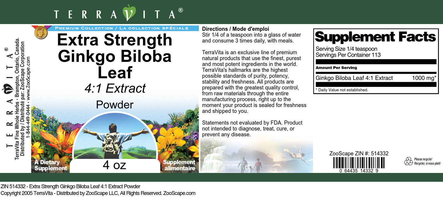 Extra Strength Ginkgo Biloba Leaf 4:1 Extract Powder - Label