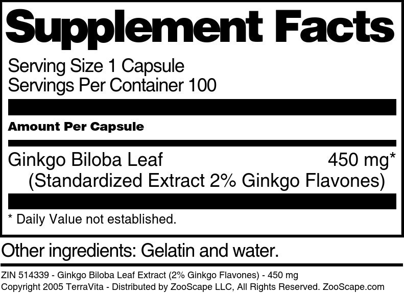 Ginkgo Biloba Leaf Extract (2% Ginkgo Flavones) - 450 mg - Supplement / Nutrition Facts