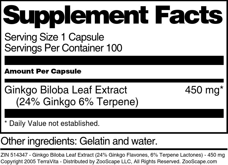Ginkgo Biloba Leaf Extract (24% Ginkgo Flavones, 6% Terpene Lactones) - 450 mg - Supplement / Nutrition Facts