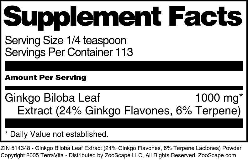 Ginkgo Biloba Leaf Extract (24% Ginkgo Flavones, 6% Terpene Lactones) Powder - Supplement / Nutrition Facts