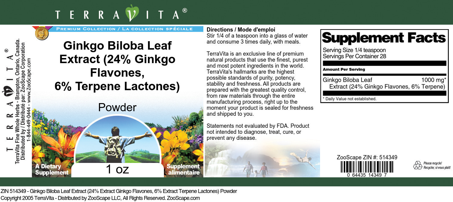 Ginkgo Biloba Leaf Extract (24% Ginkgo Flavones, 6% Terpene Lactones) Powder - Label