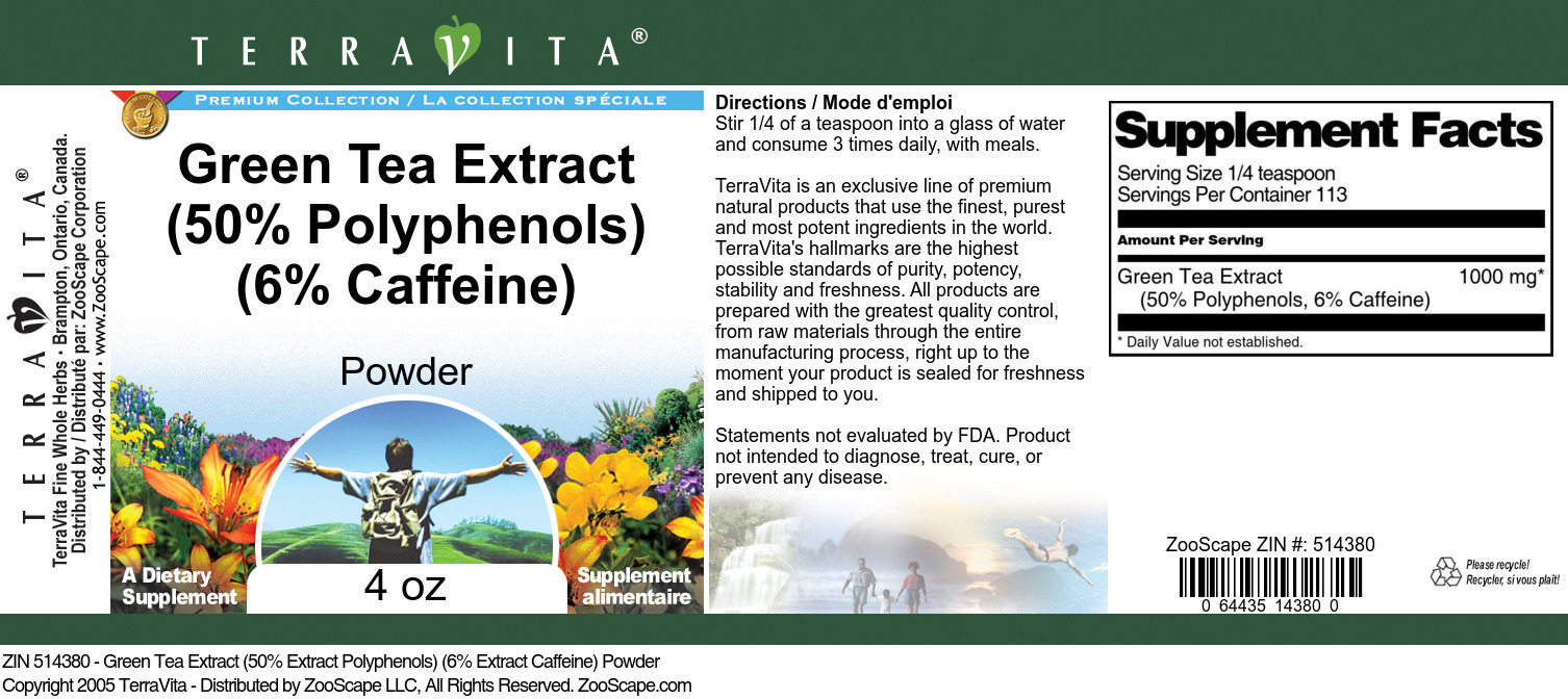 Green Tea Extract (50% Polyphenols) (6% Caffeine) Powder - Label