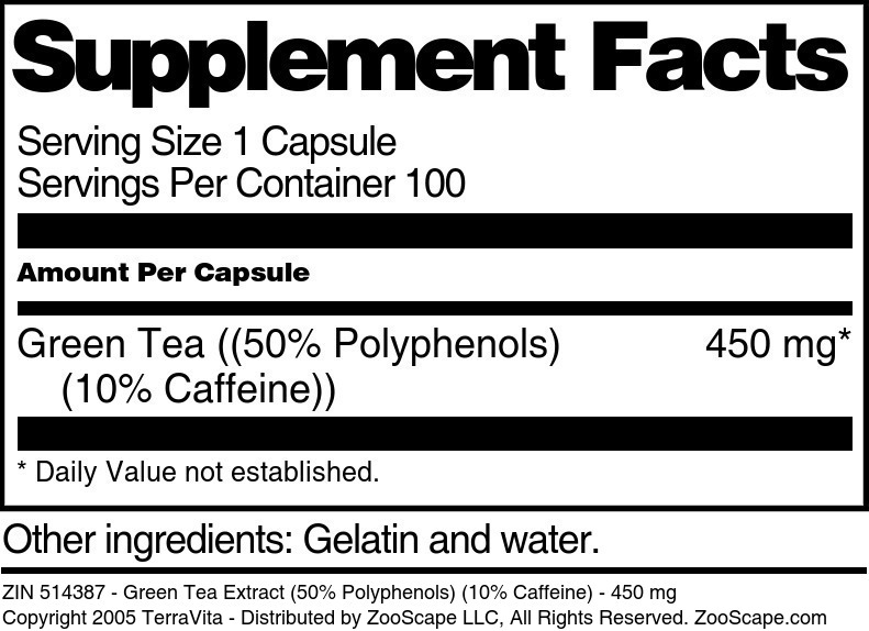 Green Tea Extract (50% Polyphenols) (10% Caffeine) - 450 mg - Supplement / Nutrition Facts