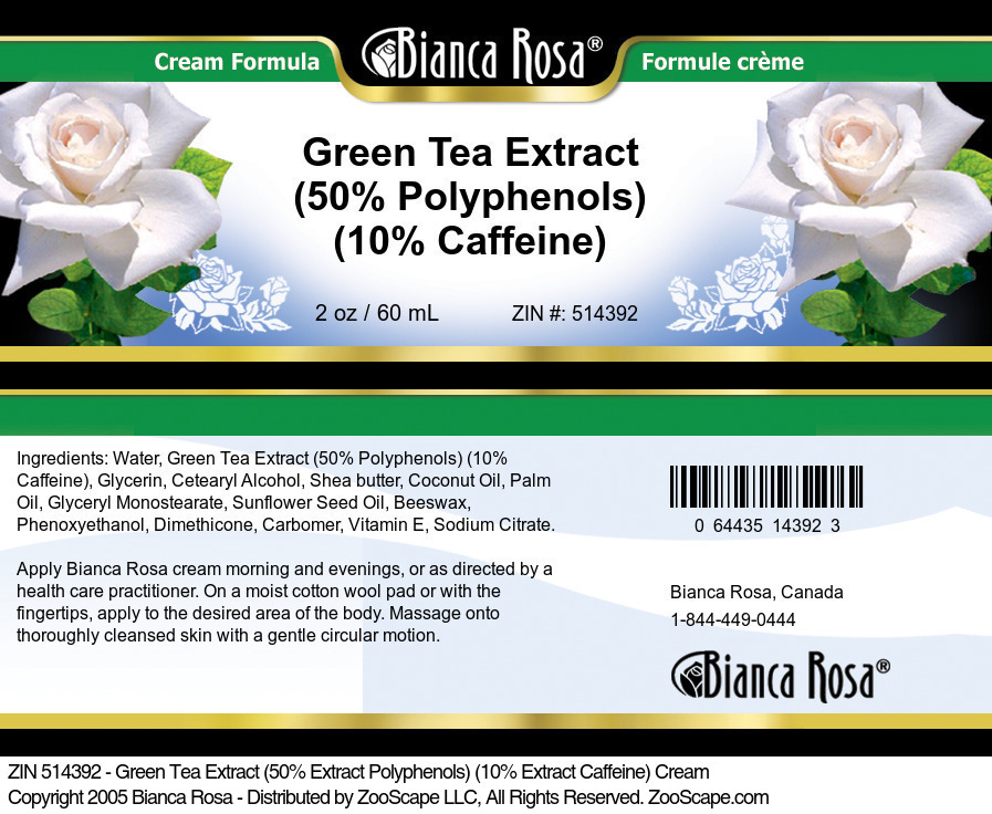 Green Tea Extract (50% Polyphenols) (10% Caffeine) Cream - Label