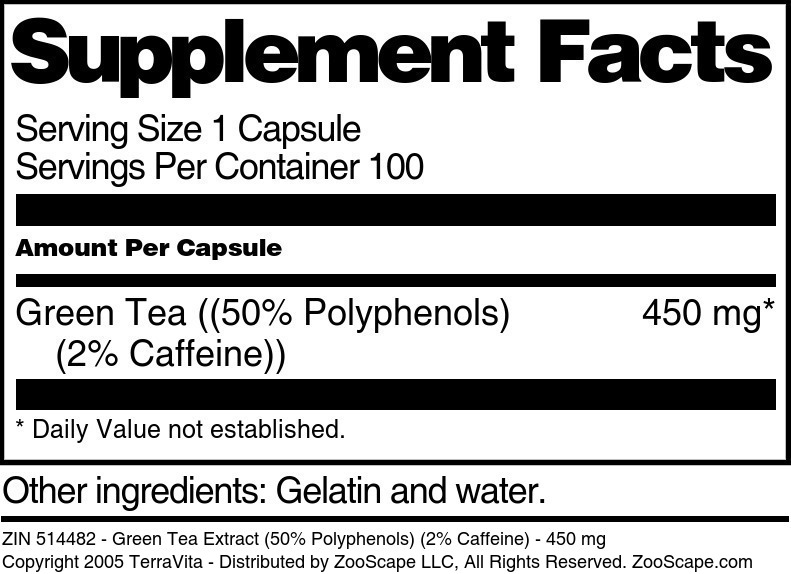 Green Tea Extract (50% Polyphenols) (2% Caffeine) - 450 mg - Supplement / Nutrition Facts