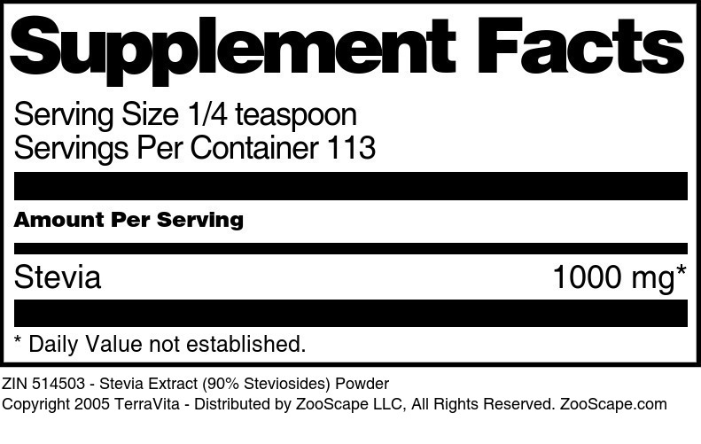 Stevia Extract (90% Steviosides) Powder - Supplement / Nutrition Facts
