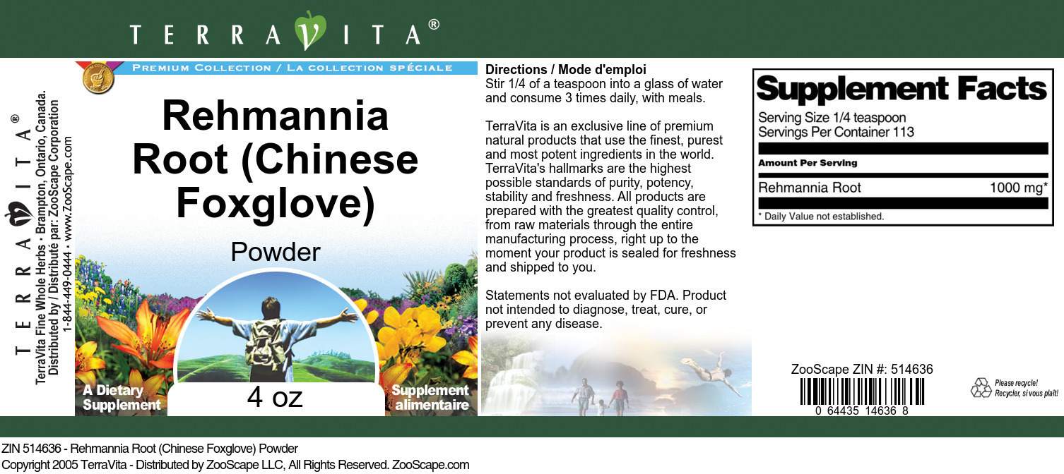 Rehmannia Root (Chinese Foxglove) Powder - Label