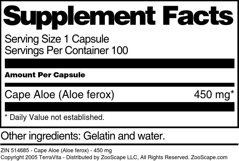 Cape Aloe (Aloe ferox) - 450 mg - Supplement / Nutrition Facts