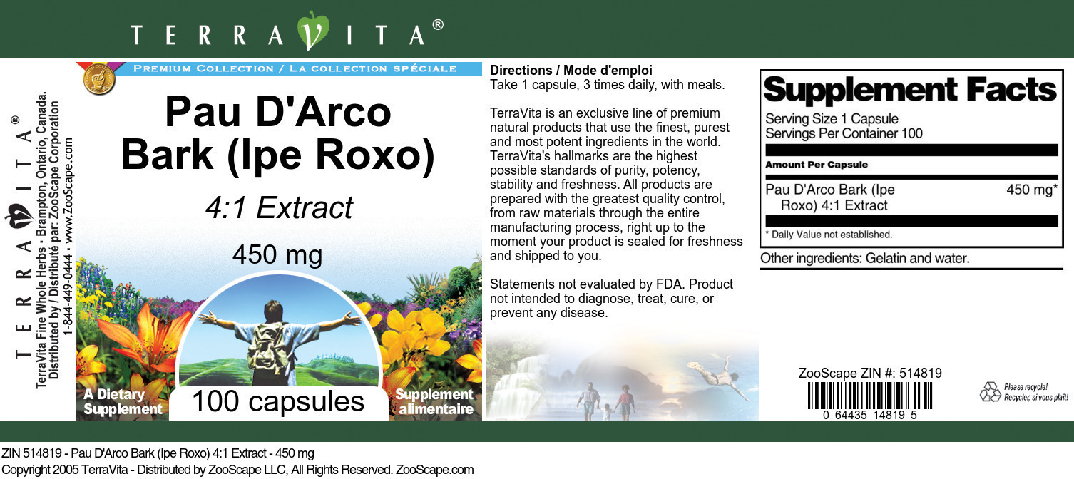 Pau D'Arco Bark (Ipe Roxo) 4:1 Extract - 450 mg - Label