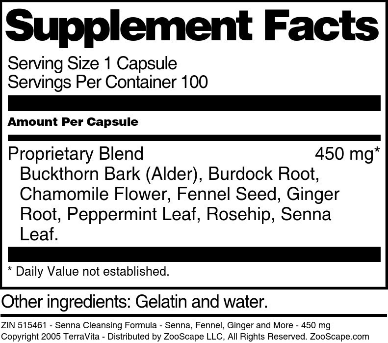 Senna Cleansing Formula - Senna, Fennel, Ginger and More - 450 mg - Supplement / Nutrition Facts