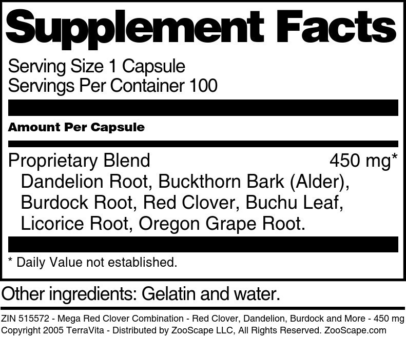 Mega Red Clover Combination - Red Clover, Dandelion, Burdock and More - 450 mg - Supplement / Nutrition Facts