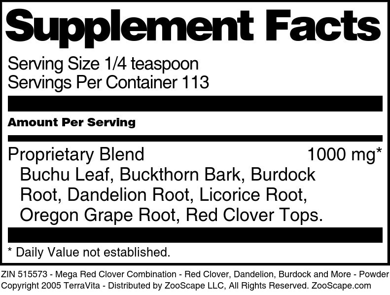 Mega Red Clover Combination - Red Clover, Dandelion, Burdock and More - Powder - Supplement / Nutrition Facts
