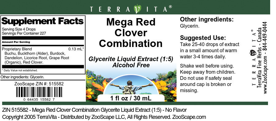 Mega Red Clover Combination Glycerite Liquid Extract (1:5) - Label