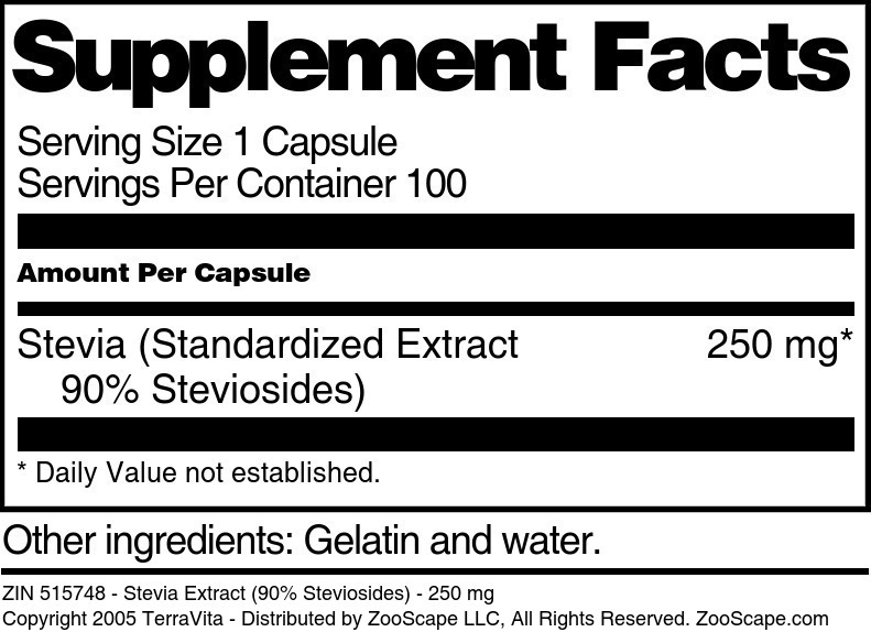 Stevia Extract (90% Steviosides) - 250 mg - Supplement / Nutrition Facts
