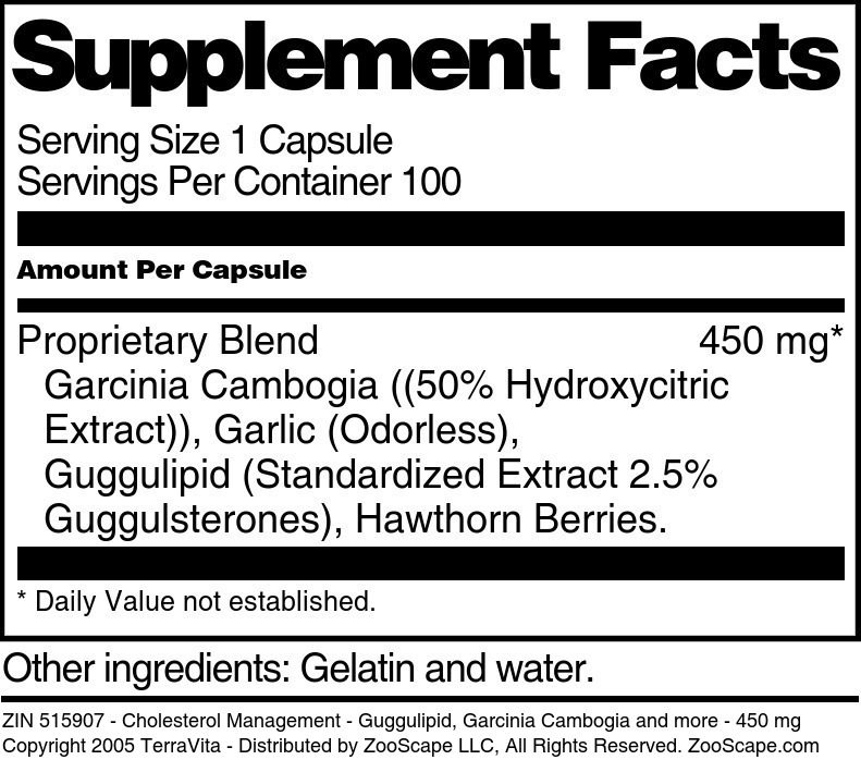 Cholesterol Management - Guggulipid, Garcinia Cambogia and more - 450 mg - Supplement / Nutrition Facts