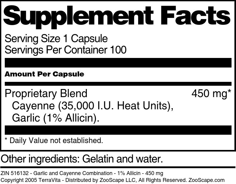 Garlic and Cayenne Combination - 1% Allicin - 450 mg - Supplement / Nutrition Facts