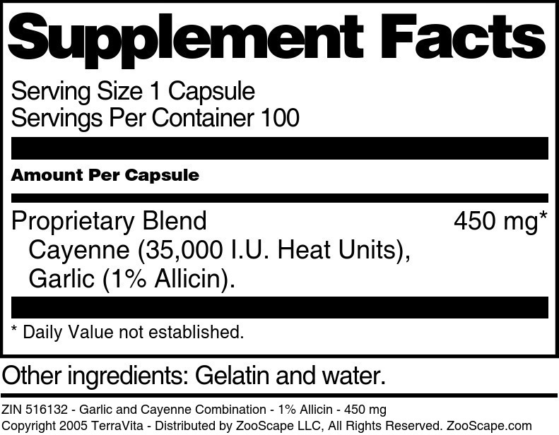 Garlic and Cayenne Combination - 1% Allicin - 450 mg - Supplement / Nutrition Facts