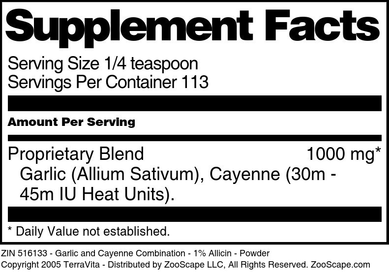 Garlic and Cayenne Combination - 1% Allicin - Powder - Supplement / Nutrition Facts