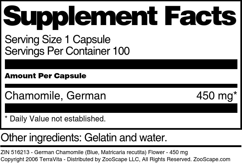 German Chamomile (Blue, Matricaria recutita) Flower - 450 mg - Supplement / Nutrition Facts