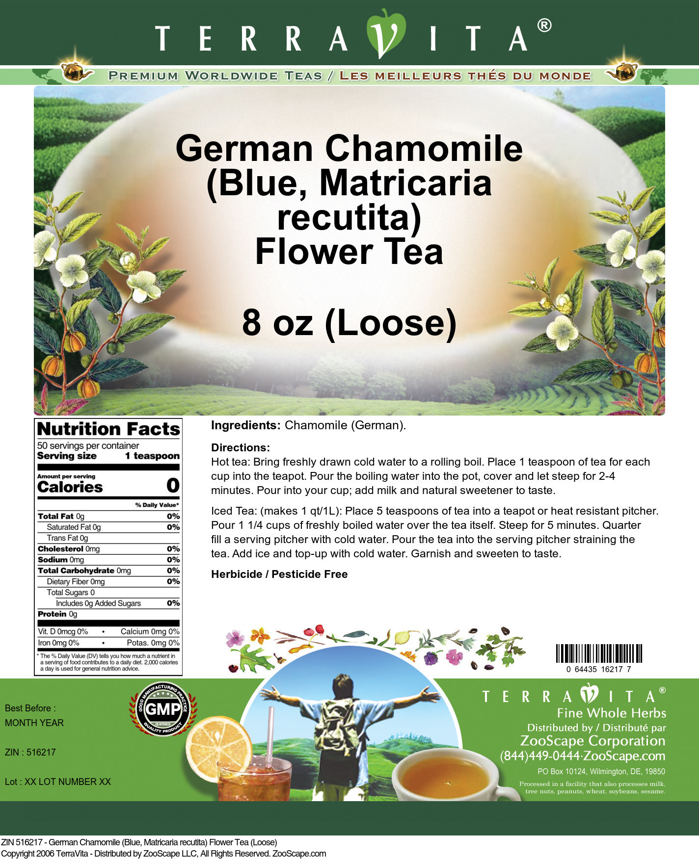 German Chamomile (Blue, Matricaria recutita) Flower Tea (Loose) - Label