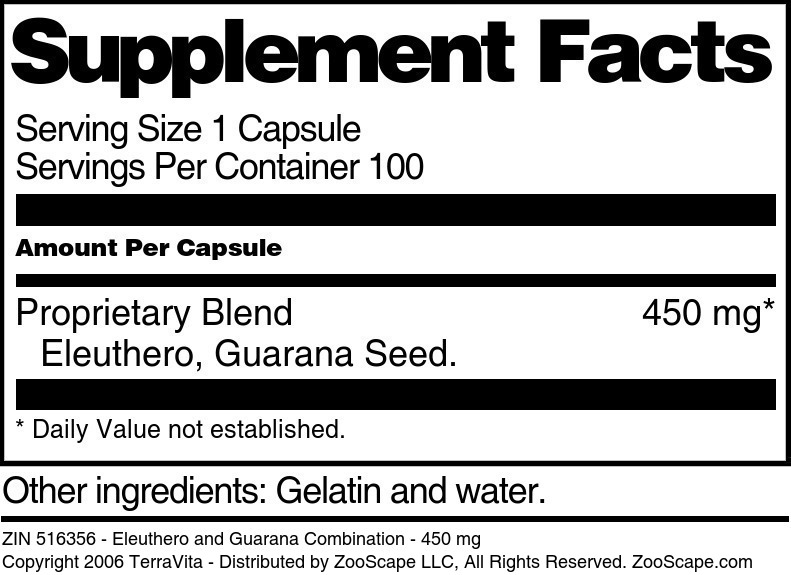 Eleuthero and Guarana Combination - 450 mg - Supplement / Nutrition Facts