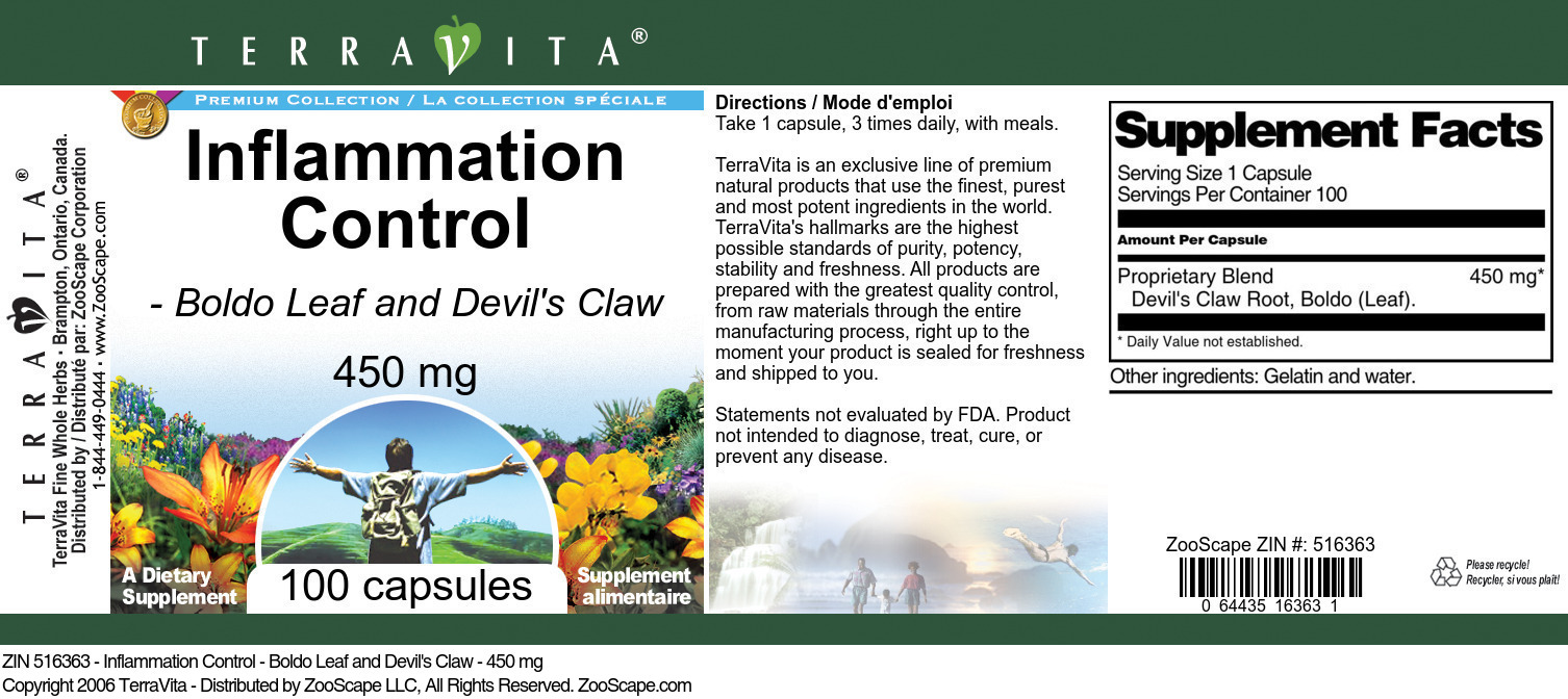 Inflammation Control - Boldo Leaf and Devil's Claw - 450 mg - Label