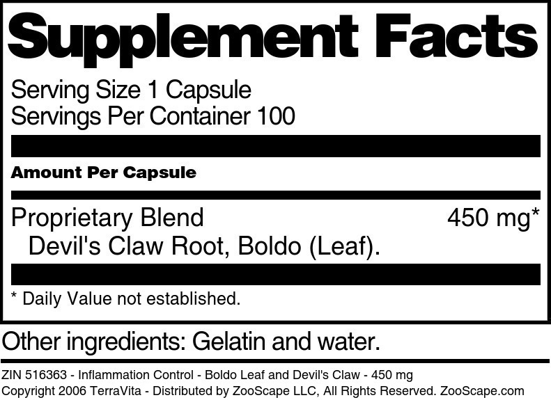 Inflammation Control - Boldo Leaf and Devil's Claw - 450 mg - Supplement / Nutrition Facts