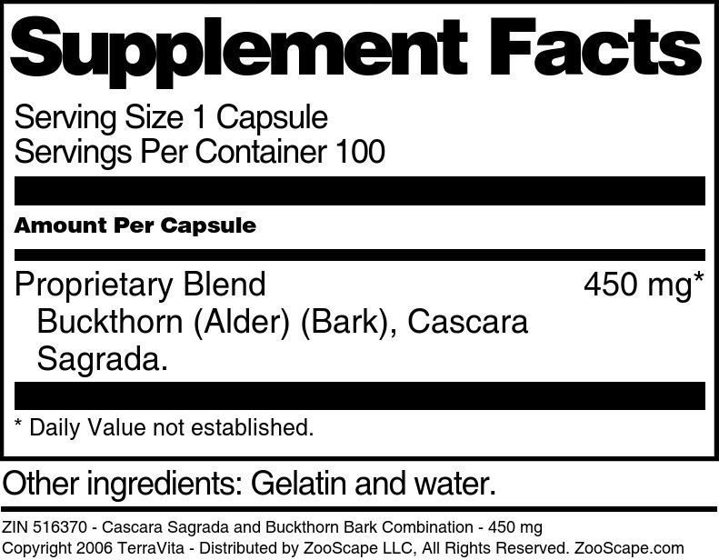 Cascara Sagrada and Buckthorn Bark Combination - 450 mg - Supplement / Nutrition Facts