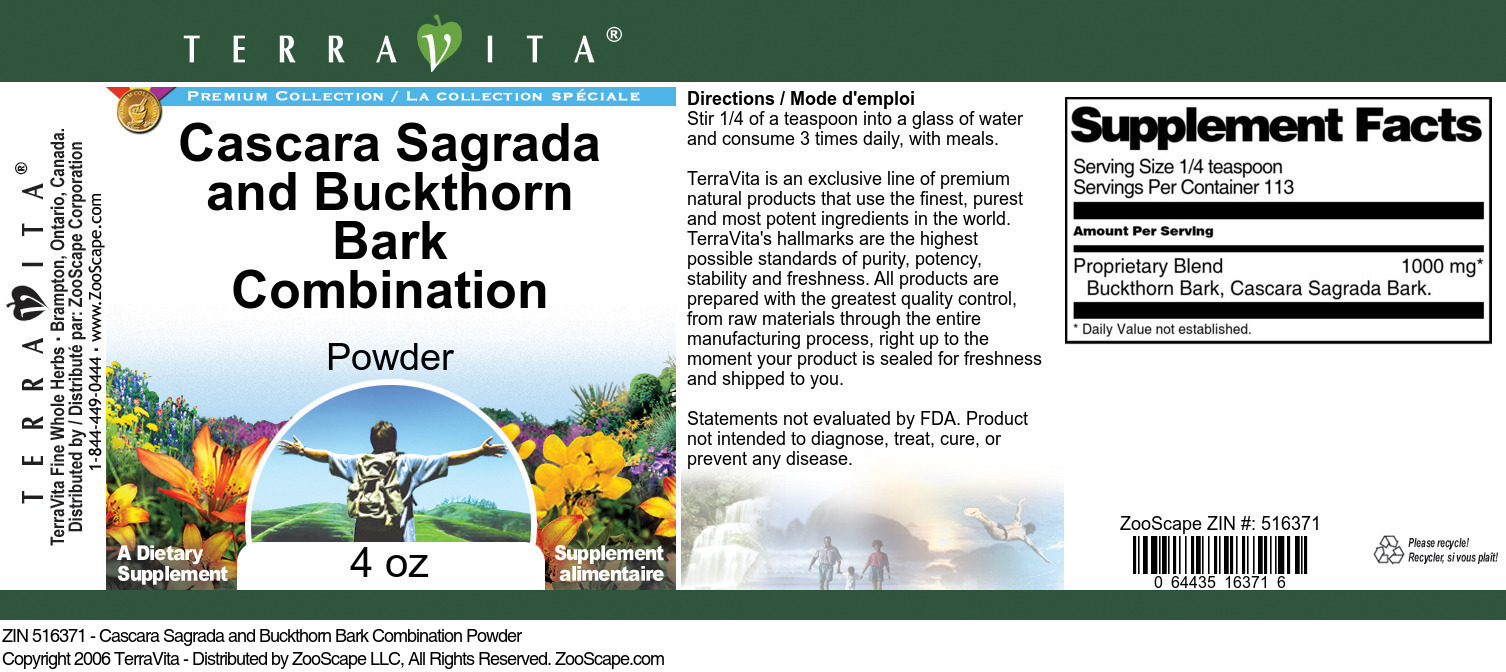 Cascara Sagrada and Buckthorn Bark Combination Powder - Label