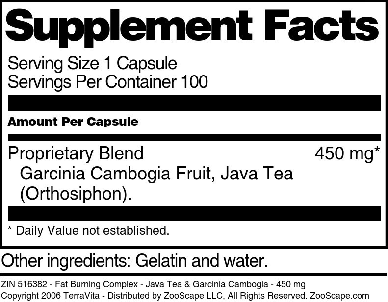 Fat Burning Complex - Java Tea & Garcinia Cambogia - 450 mg - Supplement / Nutrition Facts