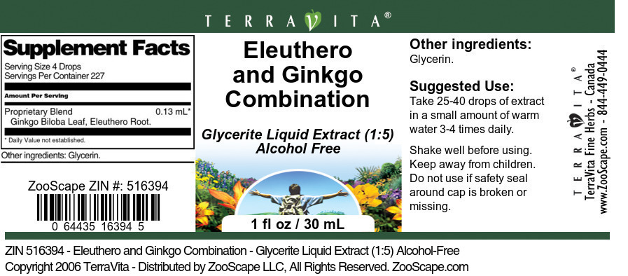Eleuthero and Ginkgo Combination - Glycerite Liquid Extract (1:5) Alcohol-Free - Label
