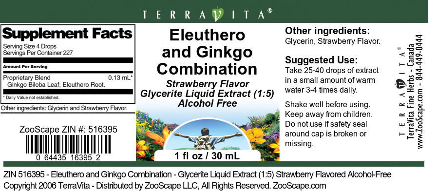 Eleuthero and Ginkgo Combination - Glycerite Liquid Extract (1:5) Strawberry Flavored Alcohol-Free - Label