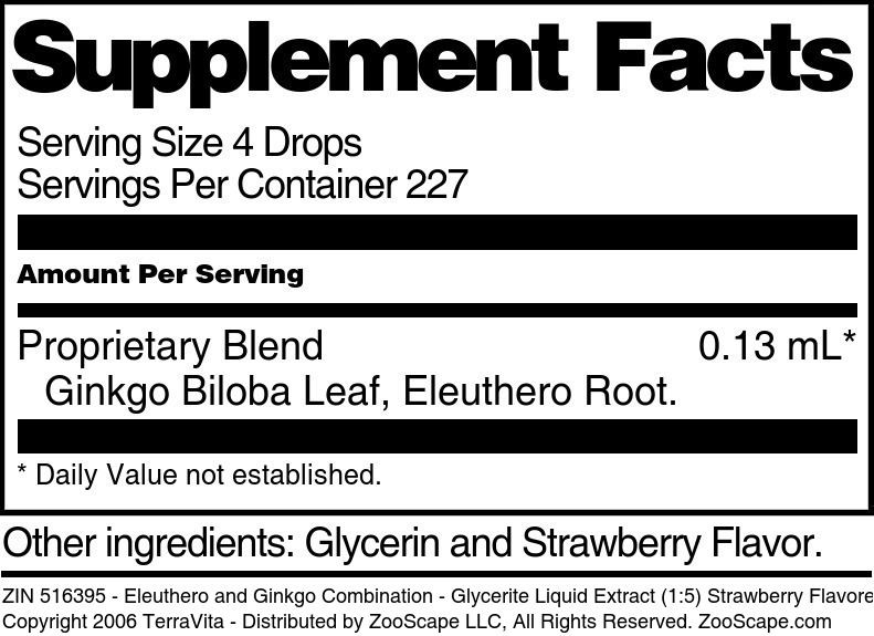 Eleuthero and Ginkgo Combination - Glycerite Liquid Extract (1:5) Strawberry Flavored Alcohol-Free - Supplement / Nutrition Facts